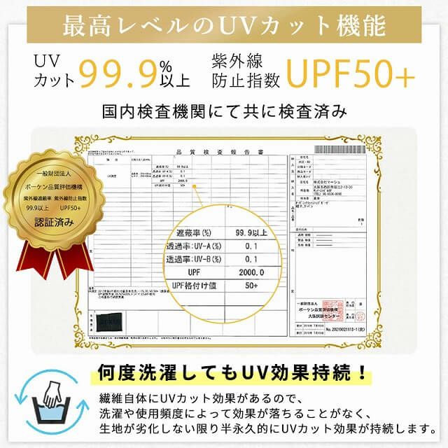 最大遮蔽率 99.9%・紫外線防止指数 UPF50+(検査済)ともに最高値です。