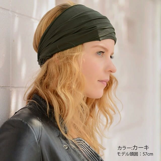 フリーサイズ、カーキのRAYON ビスコース アレンジ ターバン ヘアバンド 無地。